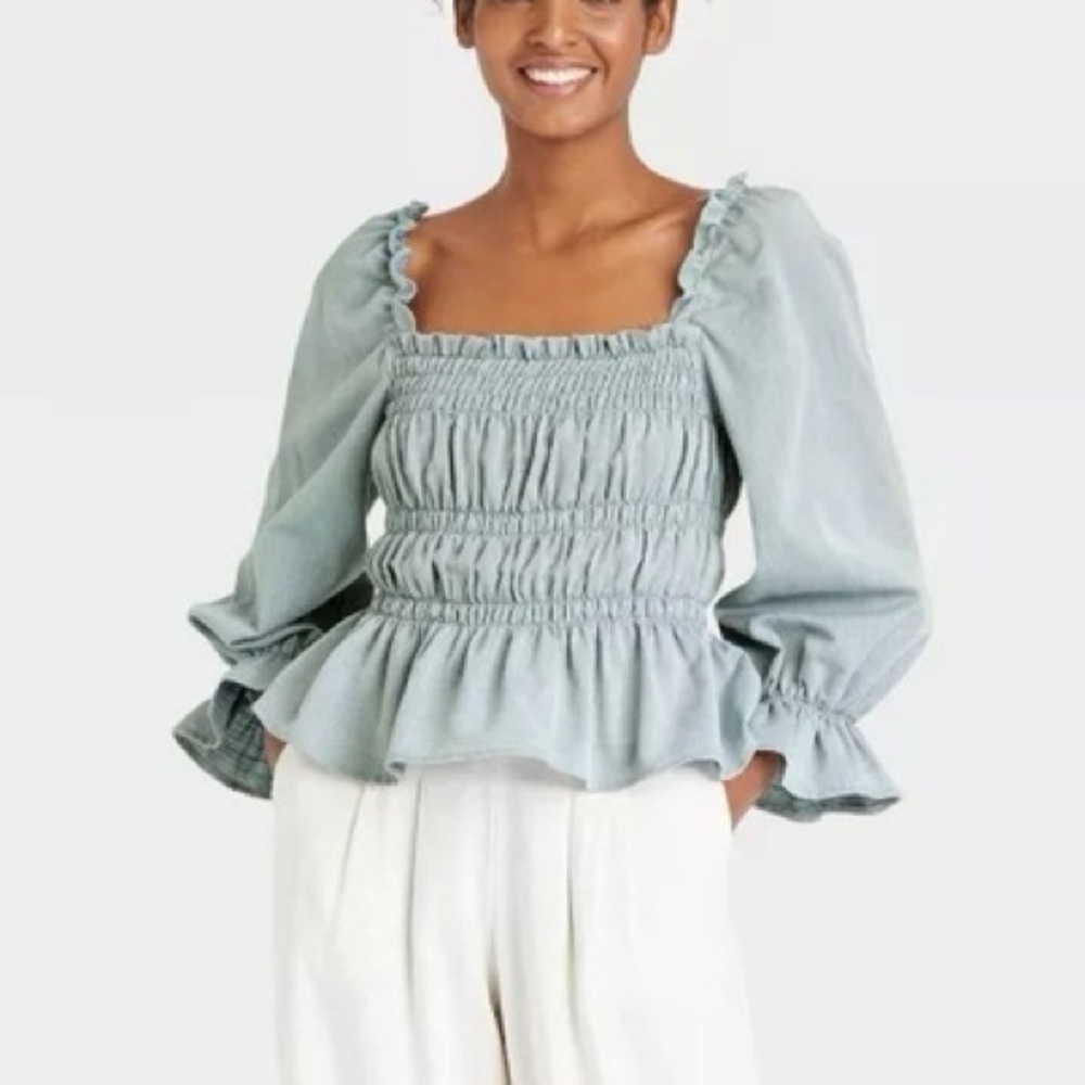 Who What Wear Dusty Blue Smocked Blouse